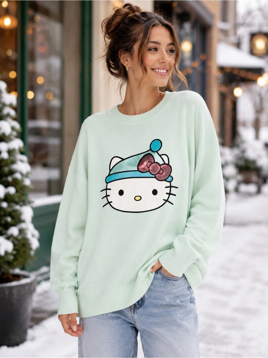 Aeropostale Sweaters - HELLO KITTY x AEROPOSTALE Mint Knit Sweater Sequin Bow Graphic Size L NWT